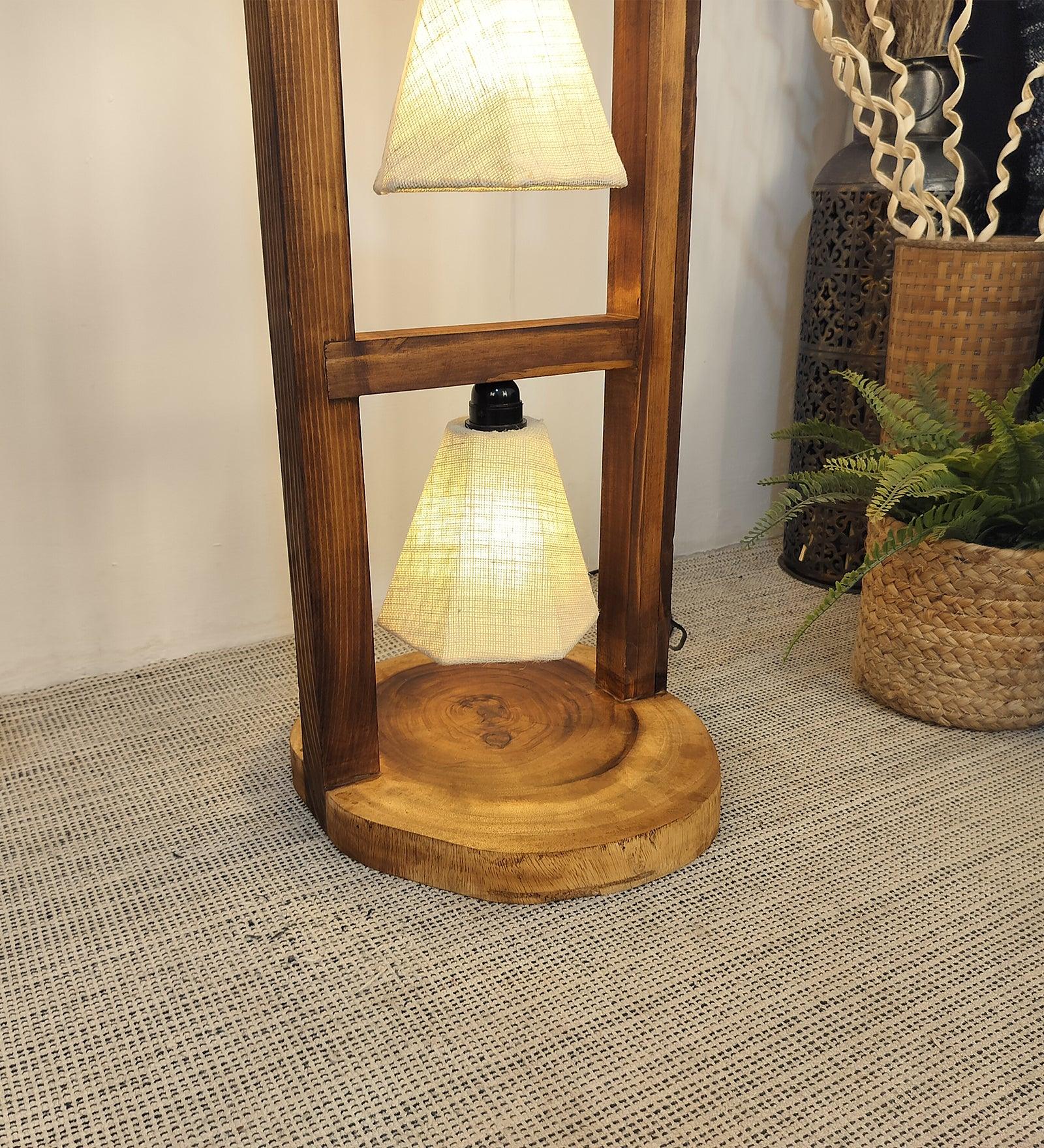 Florent Wooden Floor Lamp with Brown Base and Jute Fabric Lampshade - WoodenTwist