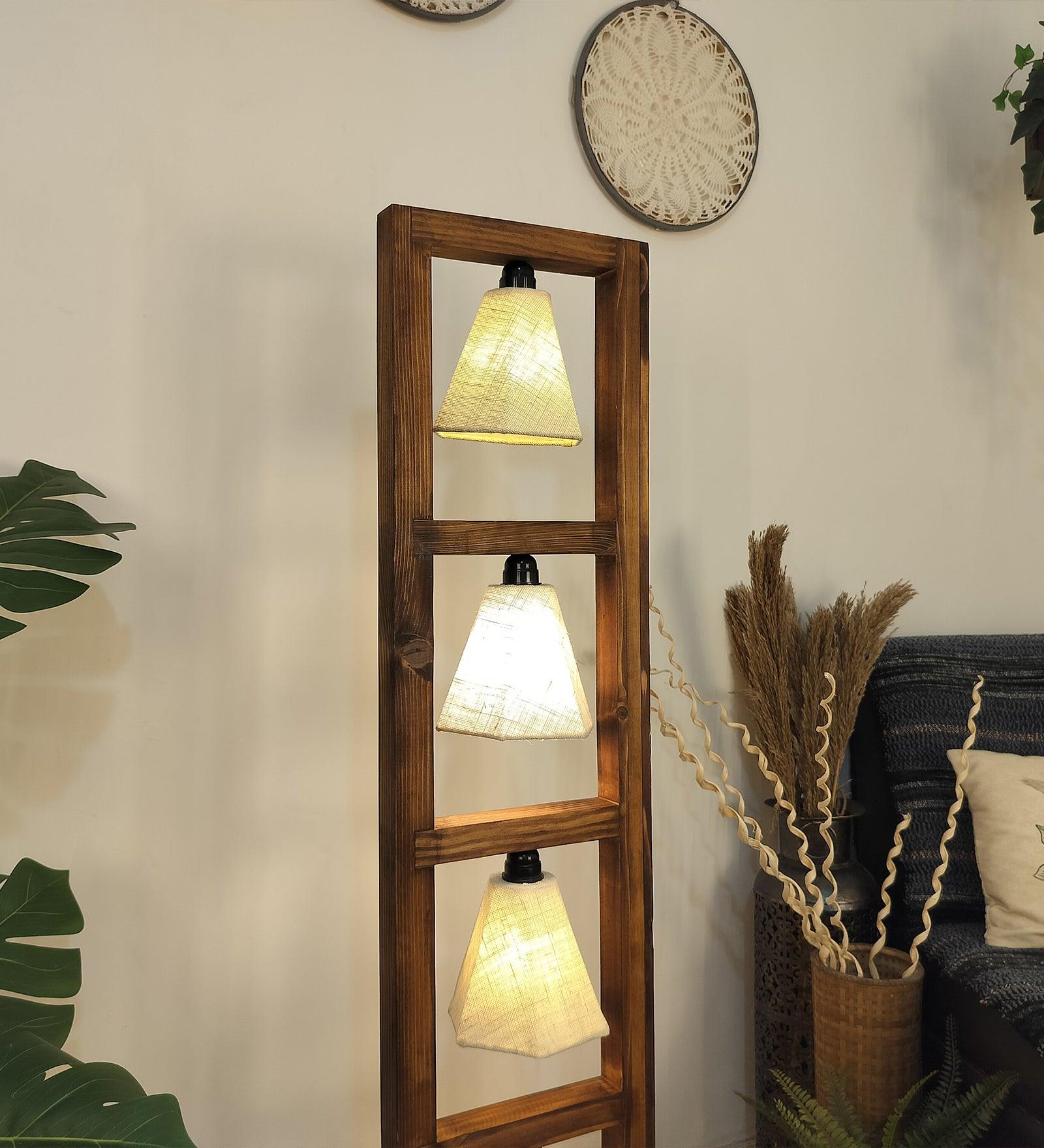 Florent Wooden Floor Lamp with Brown Base and Jute Fabric Lampshade - WoodenTwist