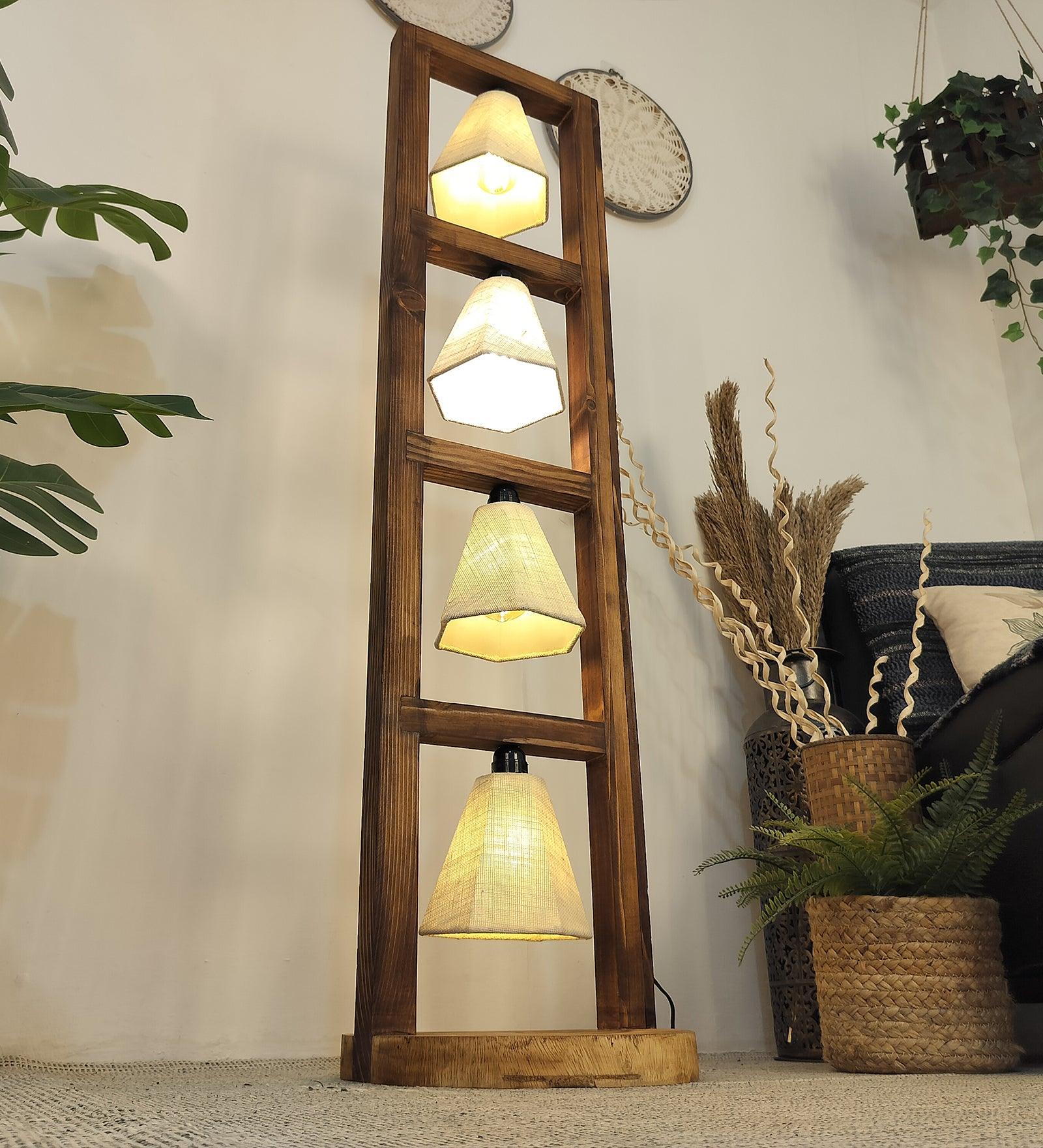 Florent Wooden Floor Lamp with Brown Base and Jute Fabric Lampshade - WoodenTwist