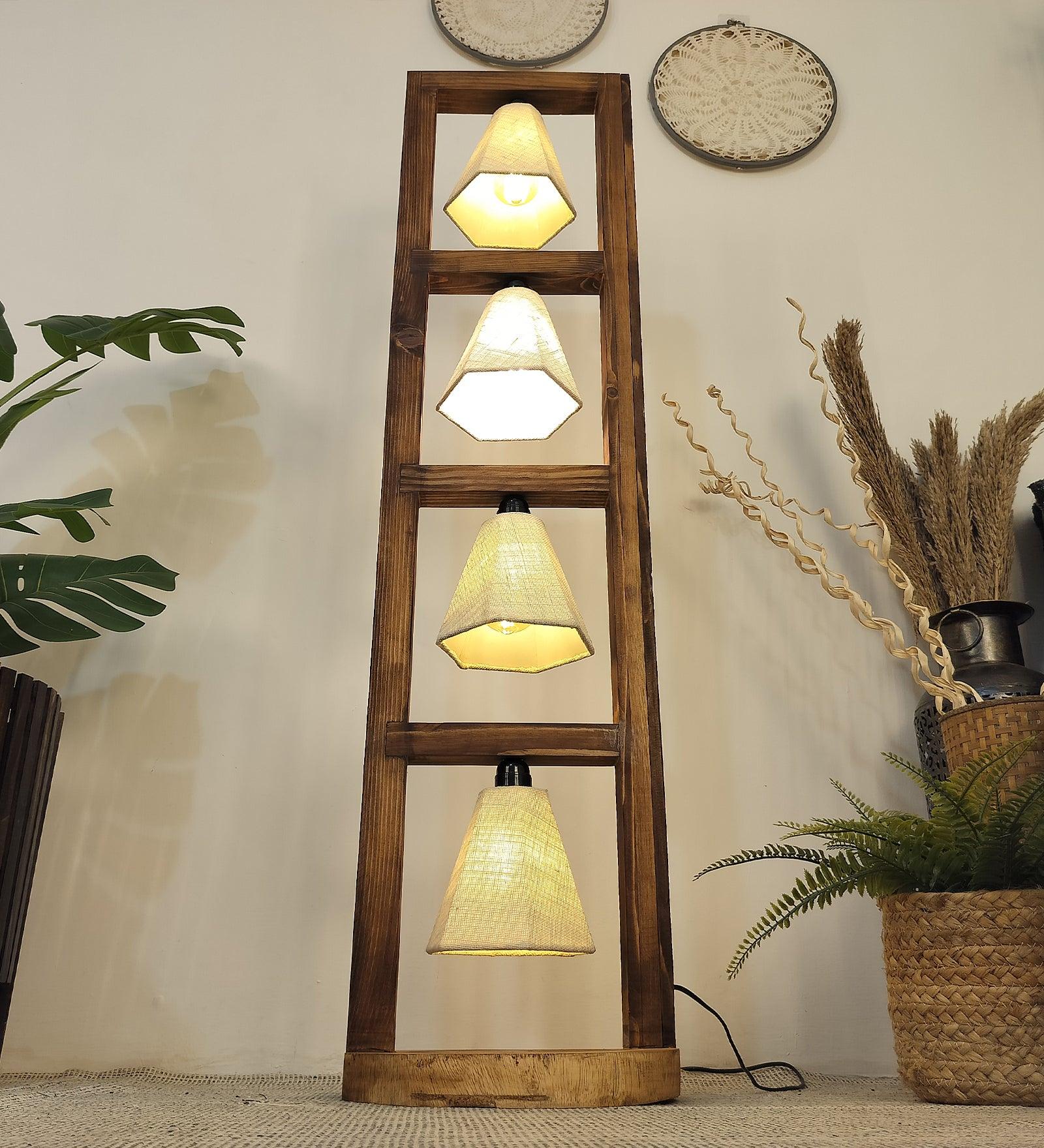 Florent Wooden Floor Lamp with Brown Base and Jute Fabric Lampshade - WoodenTwist