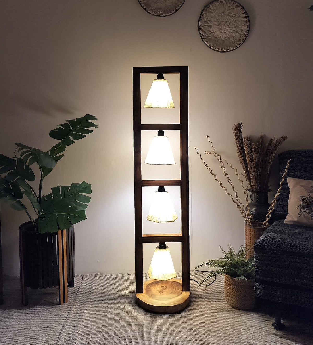 Florent Wooden Floor Lamp with Brown Base and Jute Fabric Lampshade - WoodenTwist