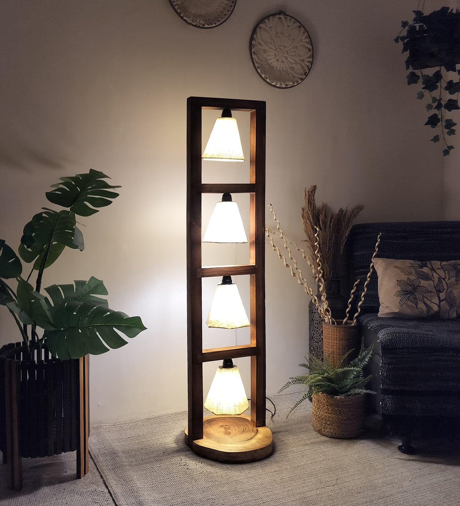 Florent Wooden Floor Lamp with Brown Base and Jute Fabric Lampshade - WoodenTwist