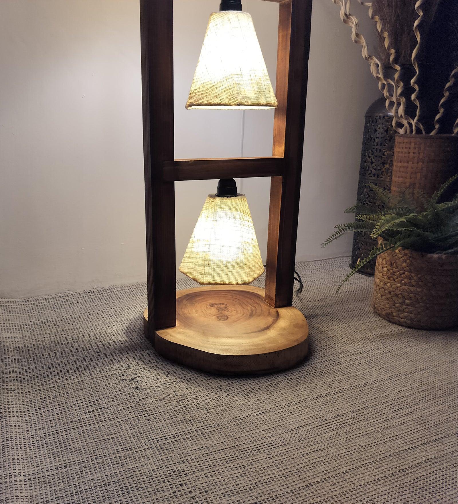 Florent Wooden Floor Lamp with Brown Base and Jute Fabric Lampshade - WoodenTwist