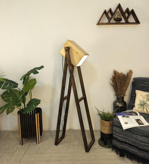 Focal Wooden Floor Lamp with Brown Base and Beige Wooden Lampshade - WoodenTwist