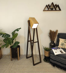 Focal Wooden Floor Lamp with Brown Base and Beige Wooden Lampshade - WoodenTwist