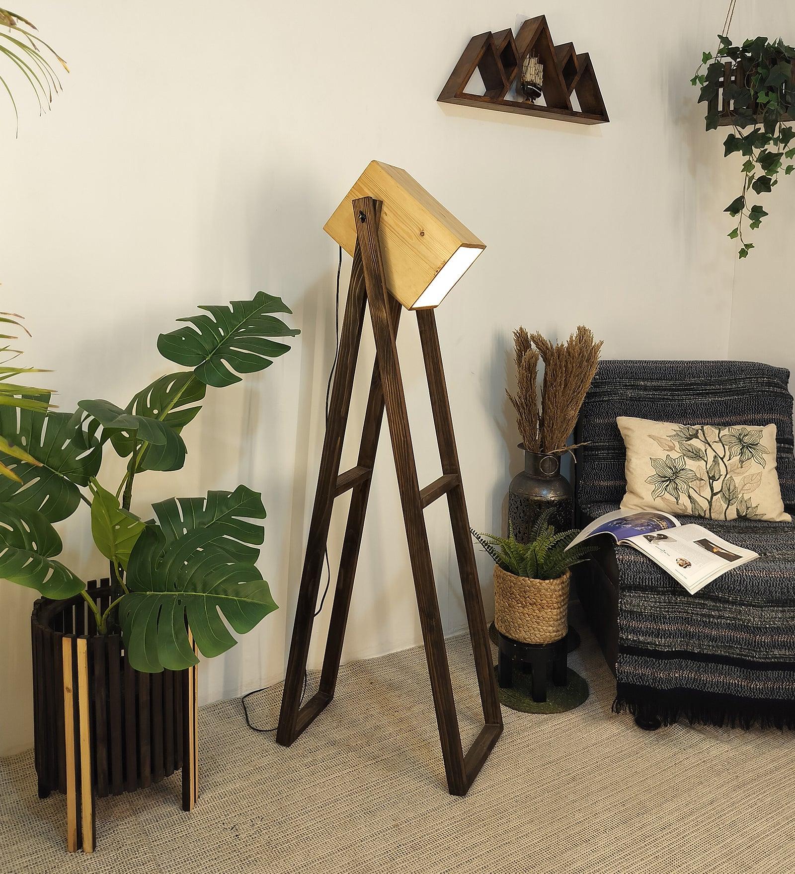 Focal Wooden Floor Lamp with Brown Base and Beige Wooden Lampshade - WoodenTwist