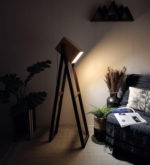 Focal Wooden Floor Lamp with Brown Base and Beige Wooden Lampshade - WoodenTwist