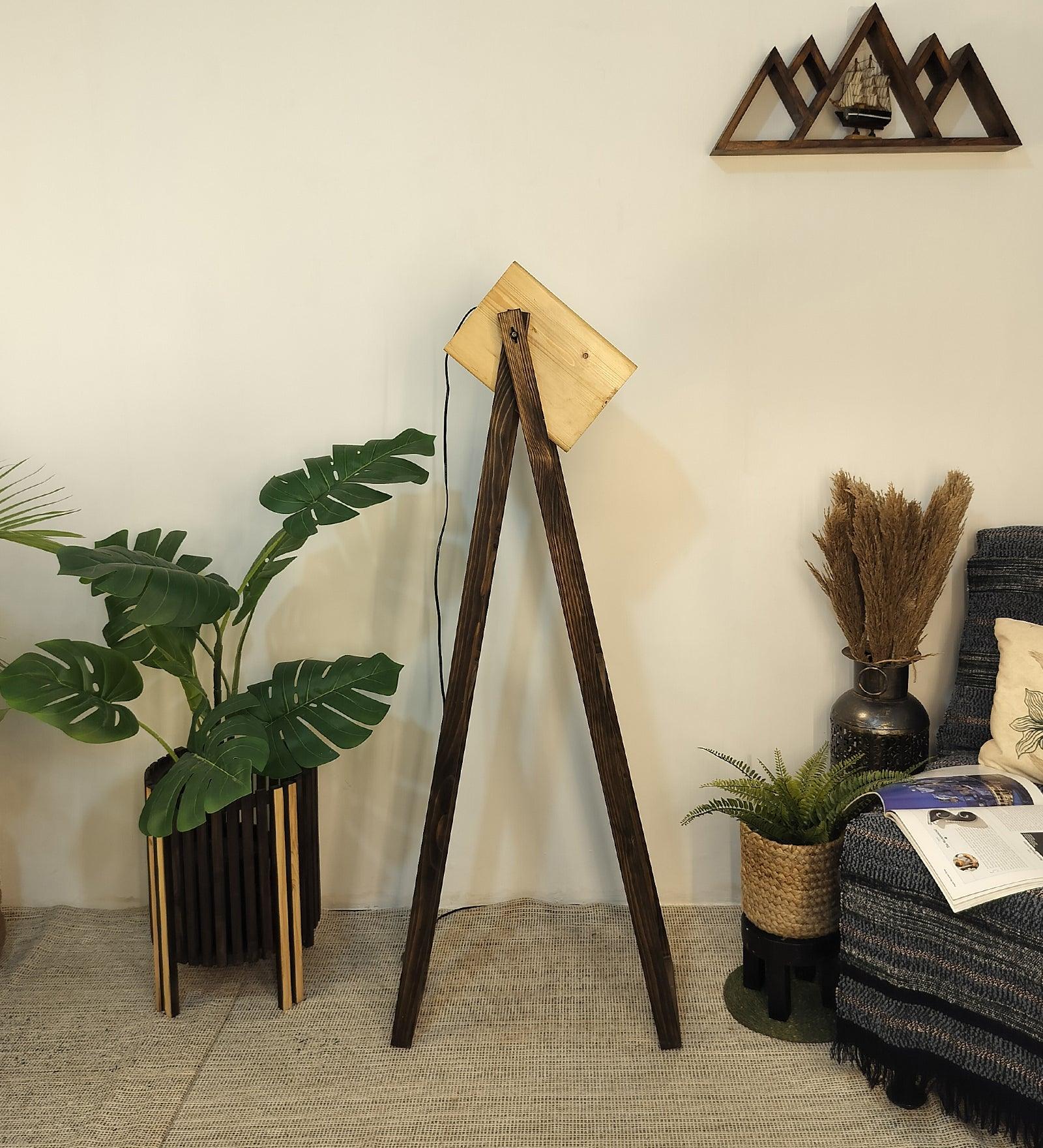 Focal Wooden Floor Lamp with Brown Base and Beige Wooden Lampshade - WoodenTwist