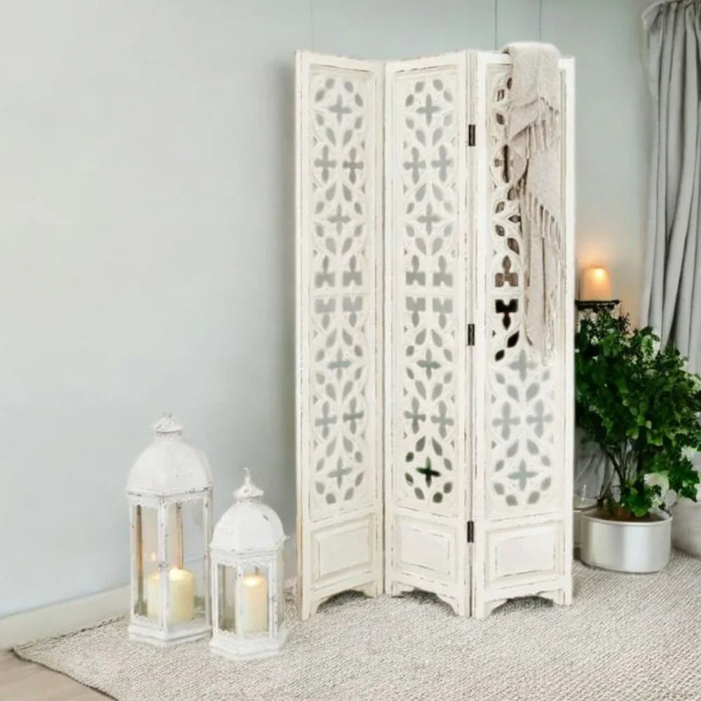 Carved White Room Divider Screen