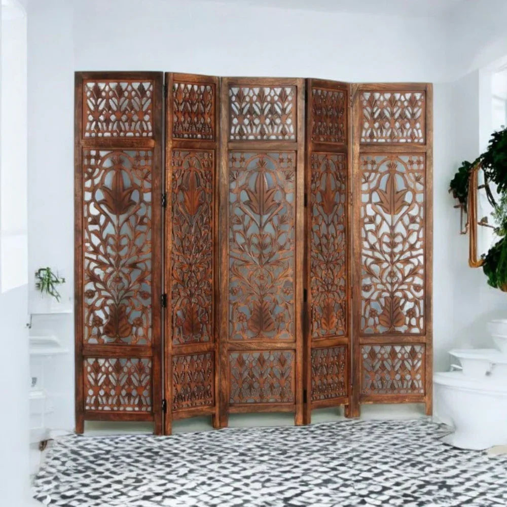 A hand-carved 5 panel folding screen