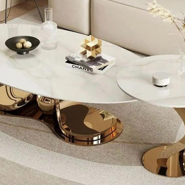 Luxurious Oval Centre Table Set of 2 with Marble Top