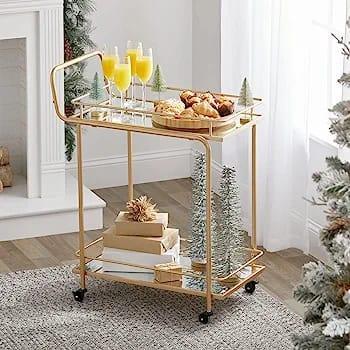 Golden Iron Bar Cart with Glass Top