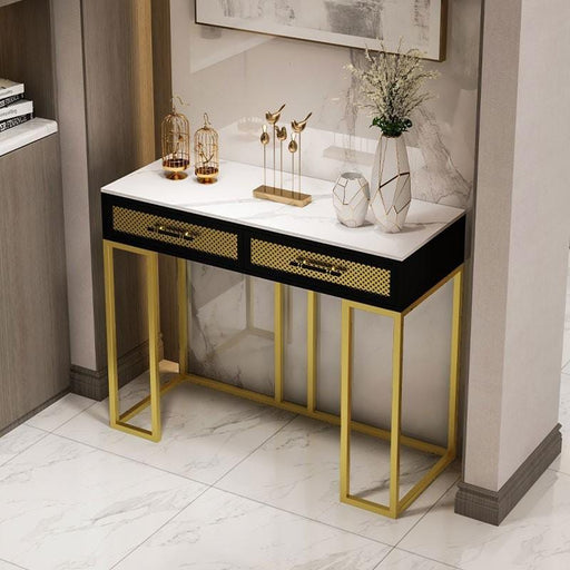 Luxurious Rectangle Iron Console Table with White Marble Top and Black Storage Box - White