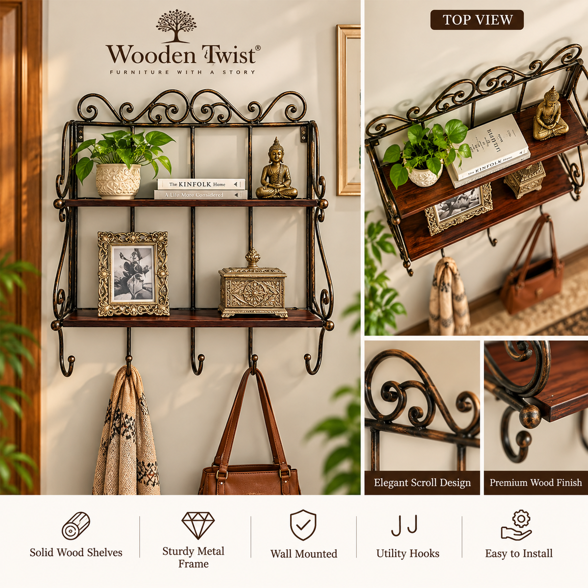 Wall Mounted 2 Shelf Book and Kitchen Rack with Key Hanger