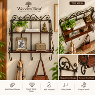 Wall Mounted 2 Shelf Book and Kitchen Rack with Key Hanger