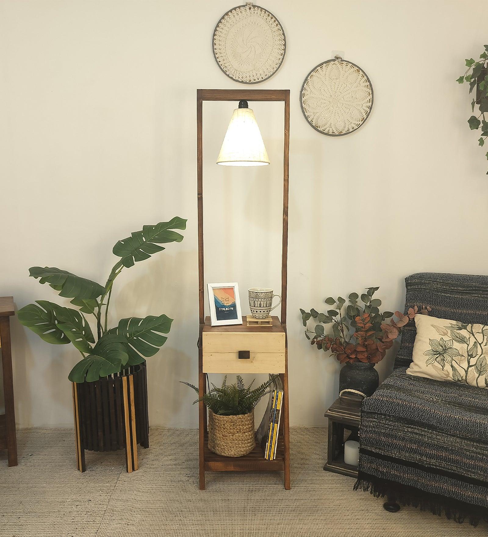 Gabrielle Wooden Floor Lamp with Brown Base and Jute Fabric Lampshade - WoodenTwist