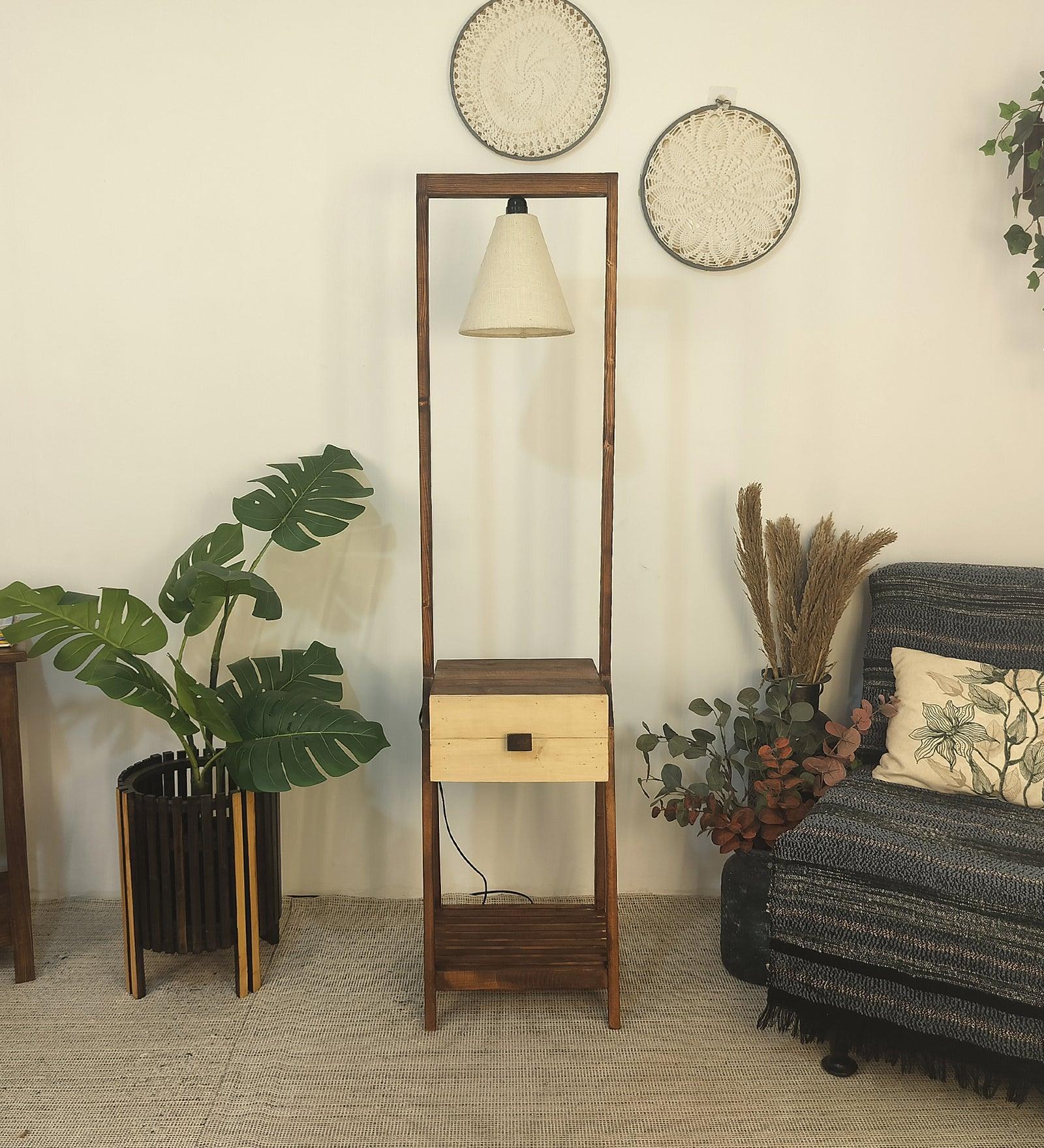 Gabrielle Wooden Floor Lamp with Brown Base and Jute Fabric Lampshade - WoodenTwist