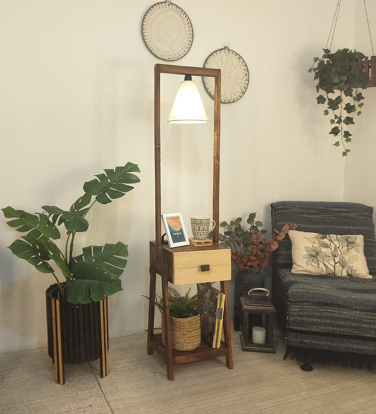 Gabrielle Wooden Floor Lamp with Brown Base and Jute Fabric Lampshade - WoodenTwist