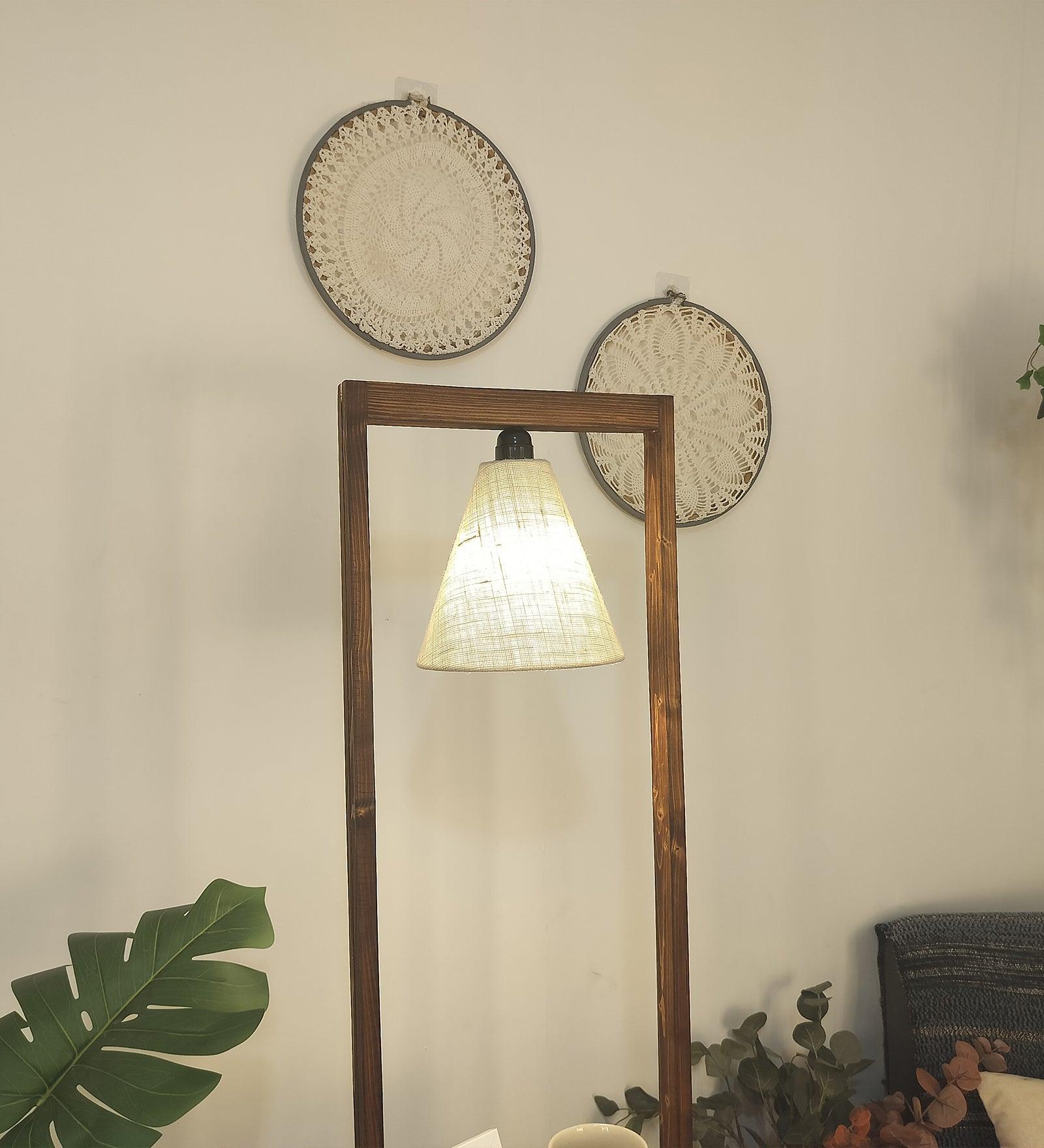 Gabrielle Wooden Floor Lamp with Brown Base and Jute Fabric Lampshade - WoodenTwist