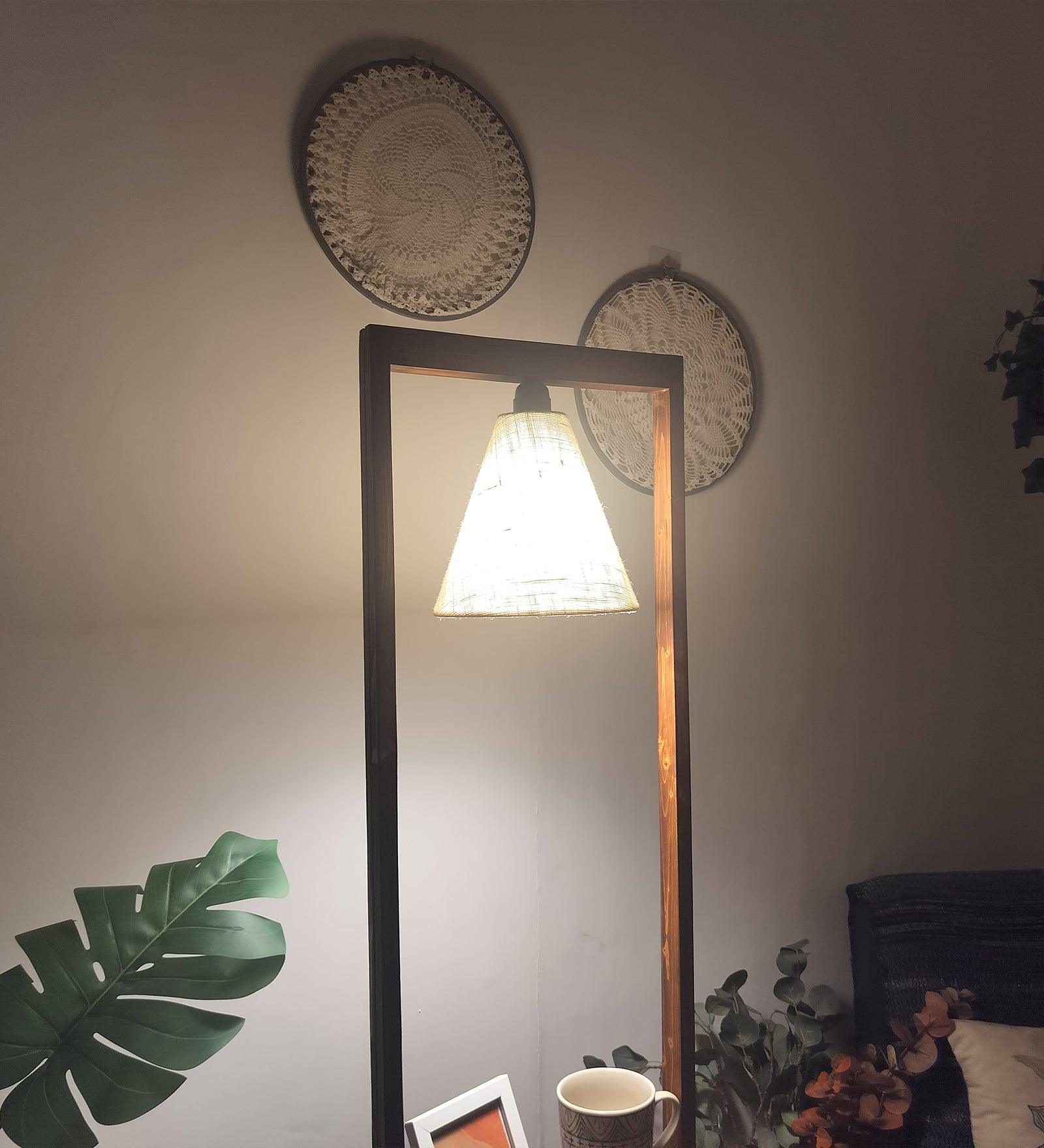 Gabrielle Wooden Floor Lamp with Brown Base and Jute Fabric Lampshade - WoodenTwist