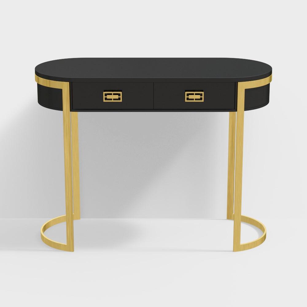 Luxurious Oval Console Table with Black Glass Top and 2 Drawers - Modern Design (Golden) - WoodenTwist