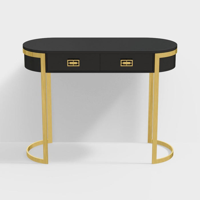 Luxurious Oval Console Table with Black Glass Top and 2 Drawers - Modern Design (Golden) - WoodenTwist