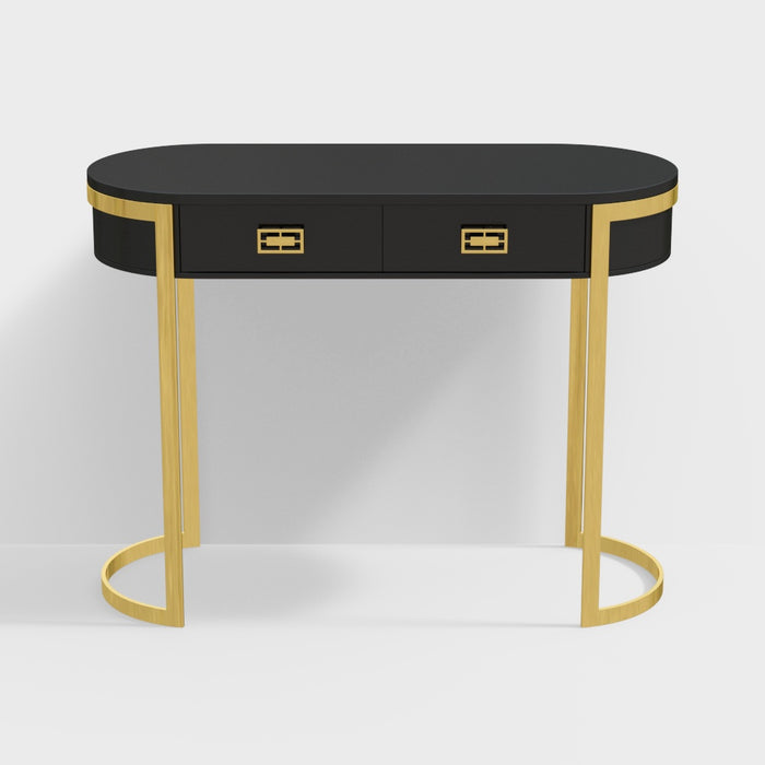 Luxurious Oval Console Table with Black Glass Top and 2 Drawers - Modern Design (Golden)