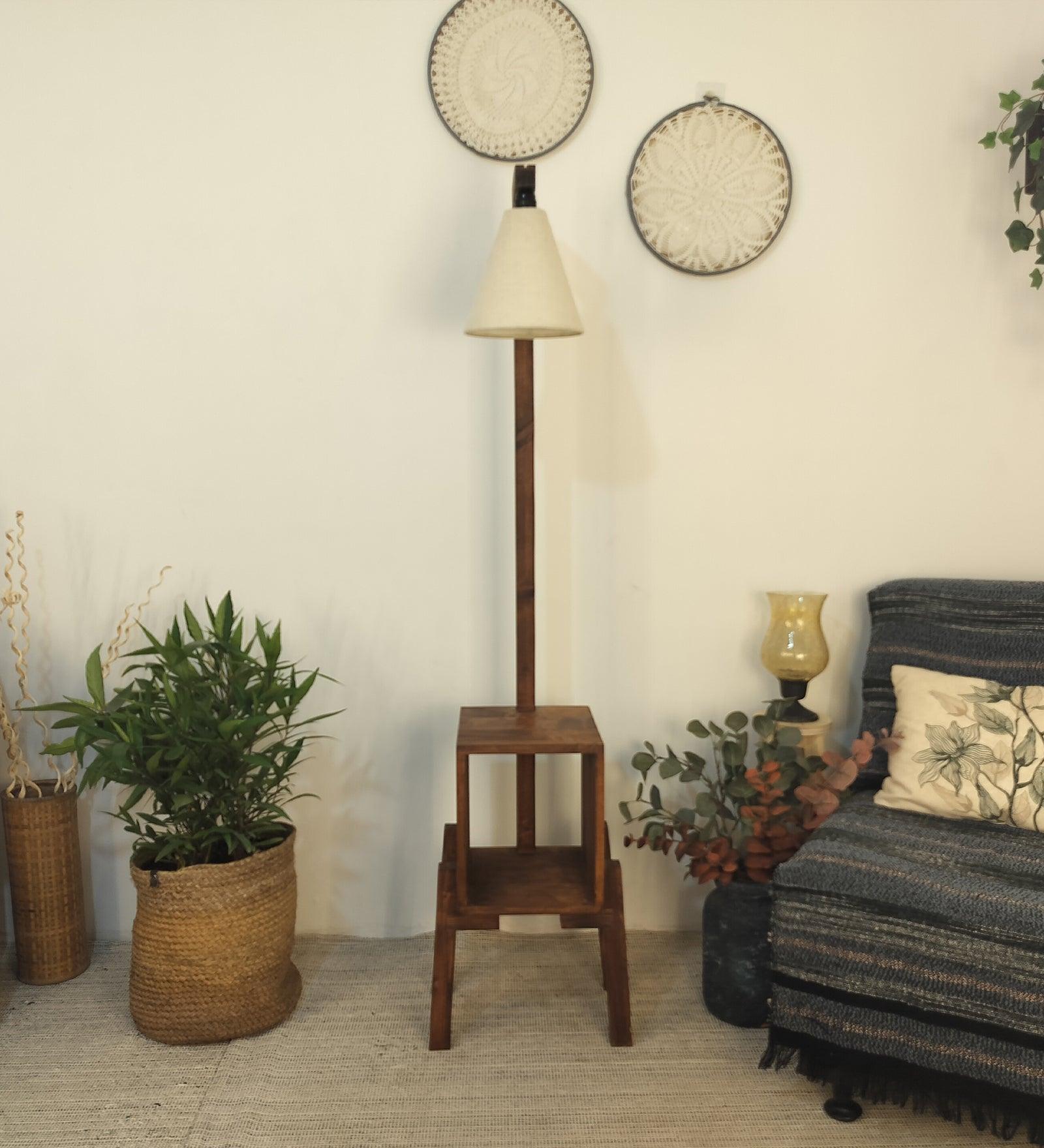 Gerard Wooden Floor Lamp with Brown Base and Jute Fabric Lampshade - WoodenTwist