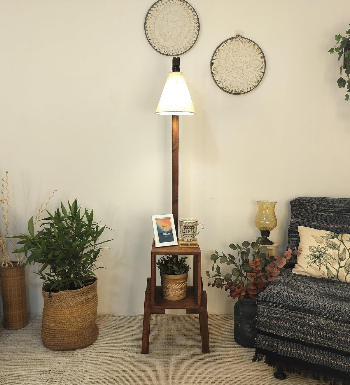 Gerard Wooden Floor Lamp with Brown Base and Jute Fabric Lampshade - WoodenTwist