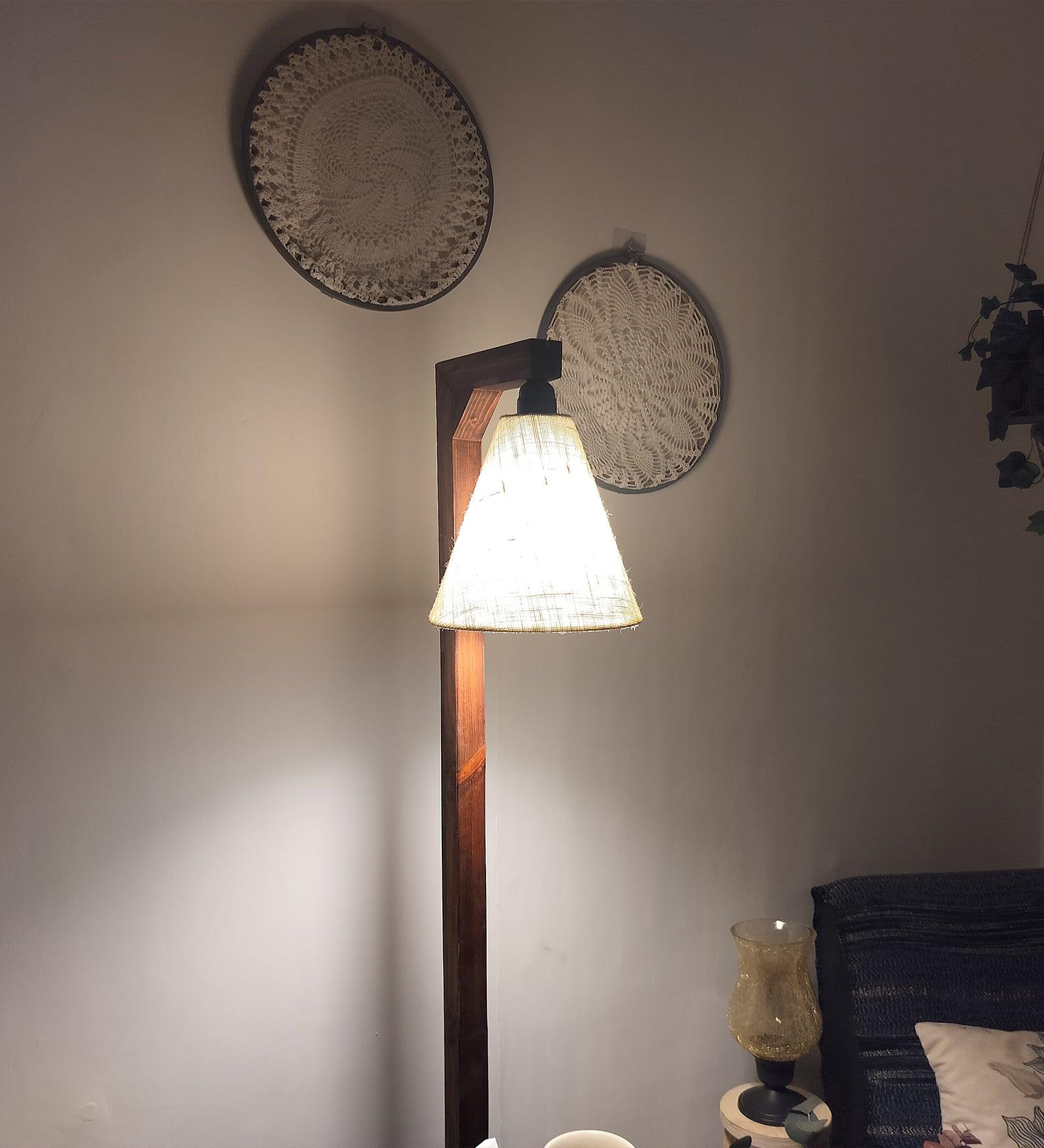 Gerard Wooden Floor Lamp with Brown Base and Jute Fabric Lampshade - WoodenTwist