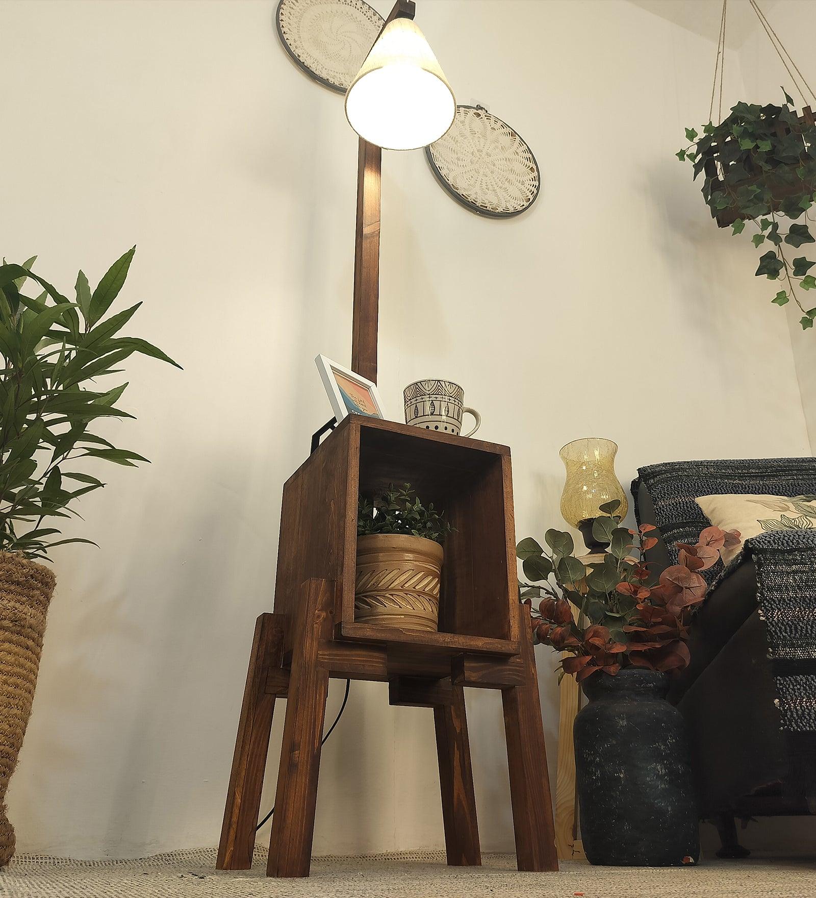 Gerard Wooden Floor Lamp with Brown Base and Jute Fabric Lampshade - WoodenTwist