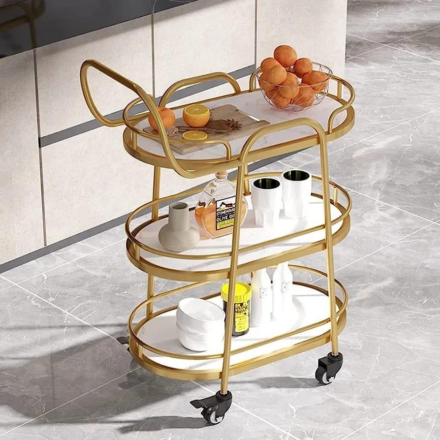 Golden Oval Bar Cart, White Marble Top