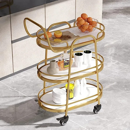 Modern Golden Oval Trolley with White Marble Top - Front View