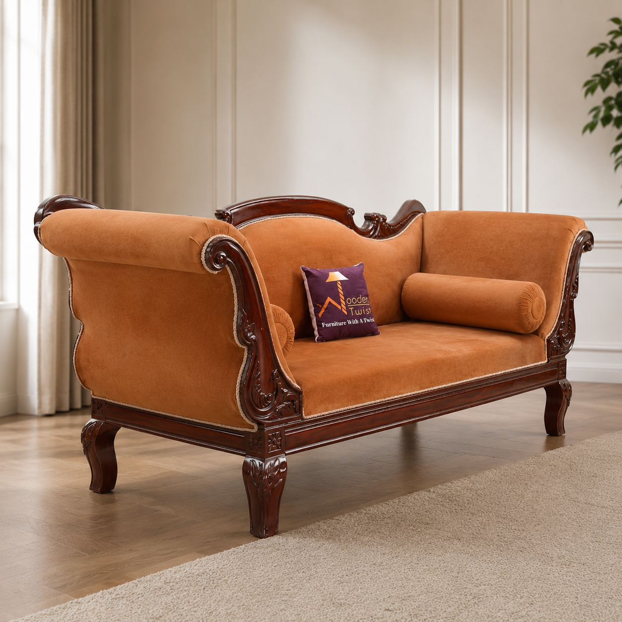 Wooden Chaise Lounge Couch for Living Room (Brown Walnut)