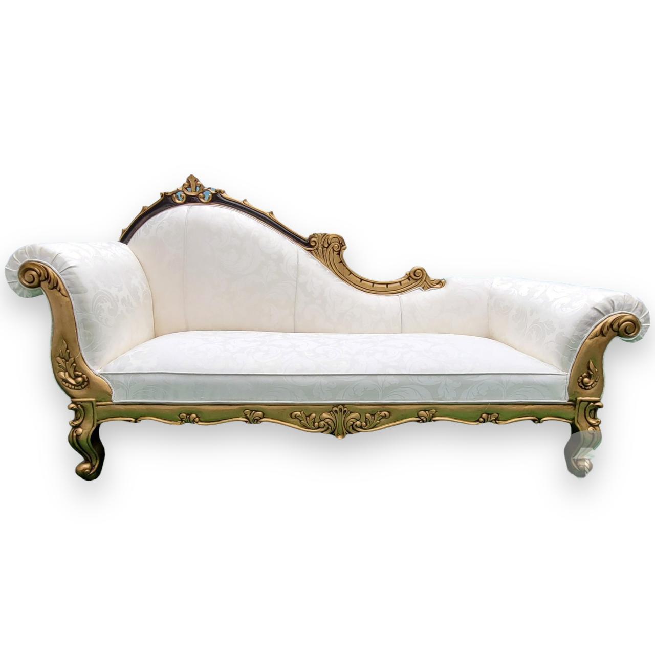 Teak Wood Handcrafted Deewan Chaise Lounge (Golden Finish Couch) - WoodenTwist