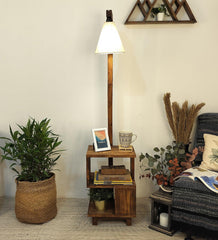 Henry Wooden Floor Lamp with Brown Base and Jute Fabric Lampshade - WoodenTwist