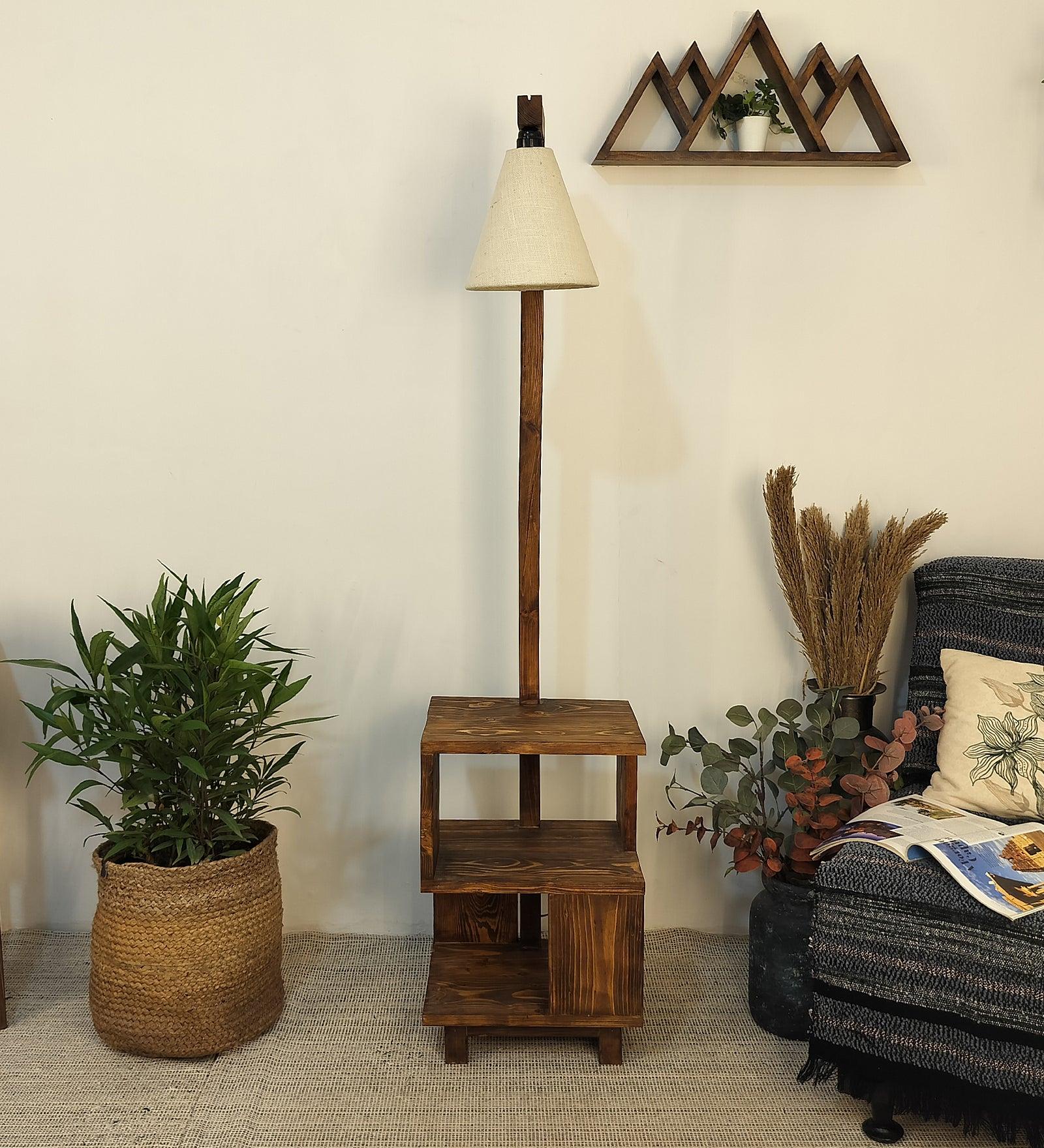 Henry Wooden Floor Lamp with Brown Base and Jute Fabric Lampshade - WoodenTwist