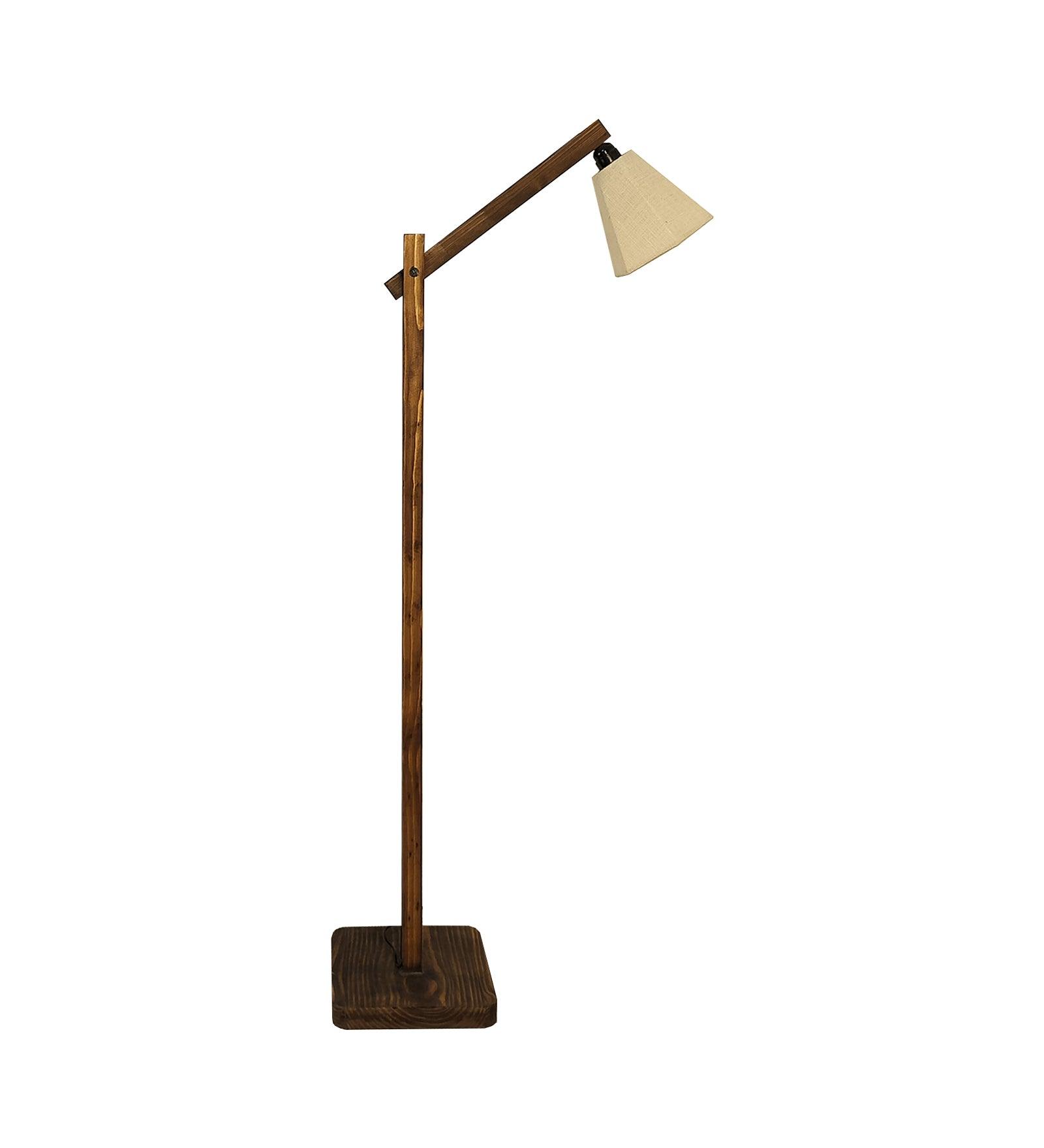 Hinge Wooden Floor Lamp with Brown Base and Beige Fabric Lampshade - WoodenTwist