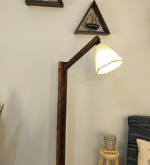 Hinge Wooden Floor Lamp with Brown Base and Beige Fabric Lampshade - WoodenTwist