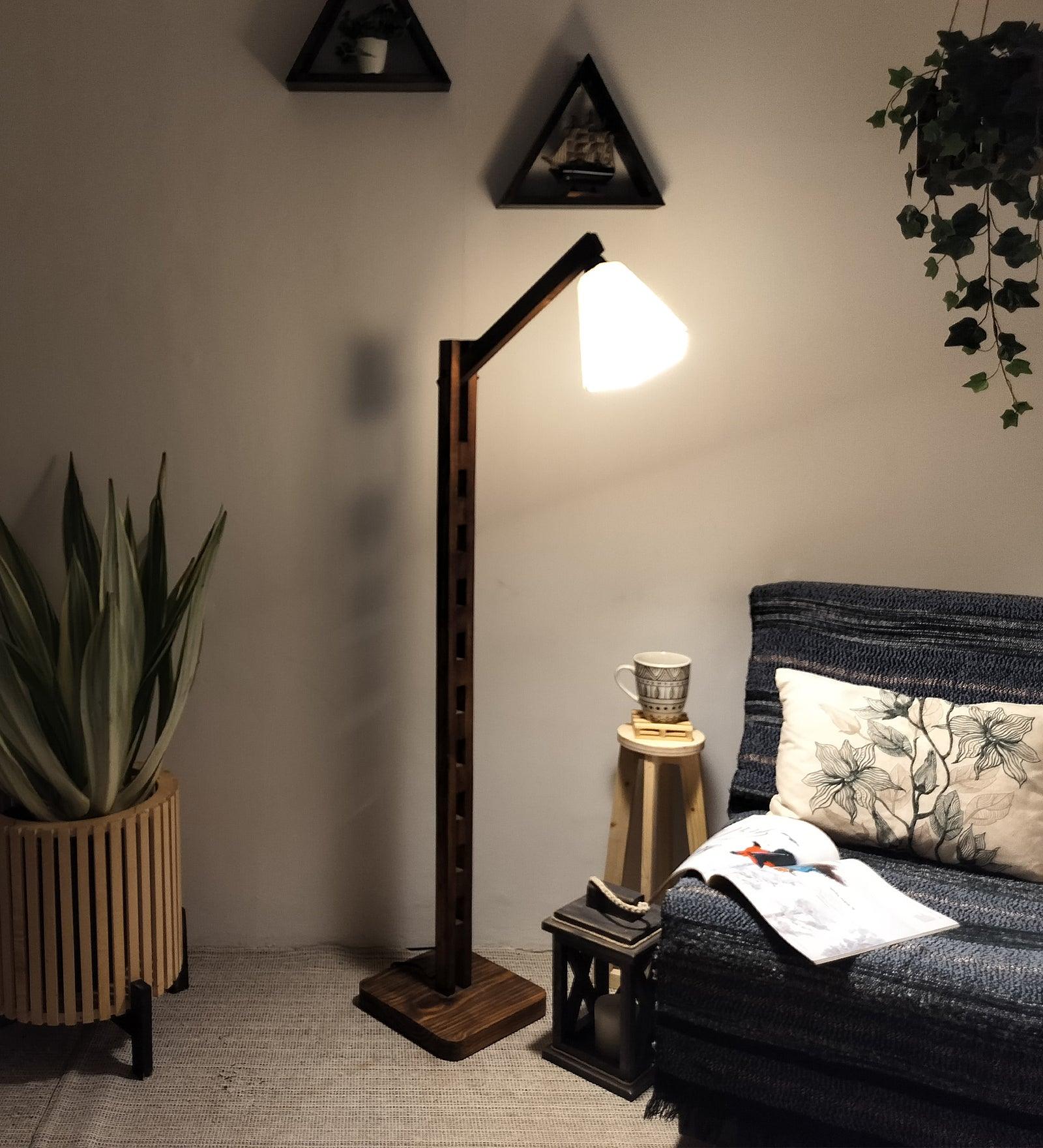 Hinge Wooden Floor Lamp with Brown Base and Beige Fabric Lampshade - WoodenTwist