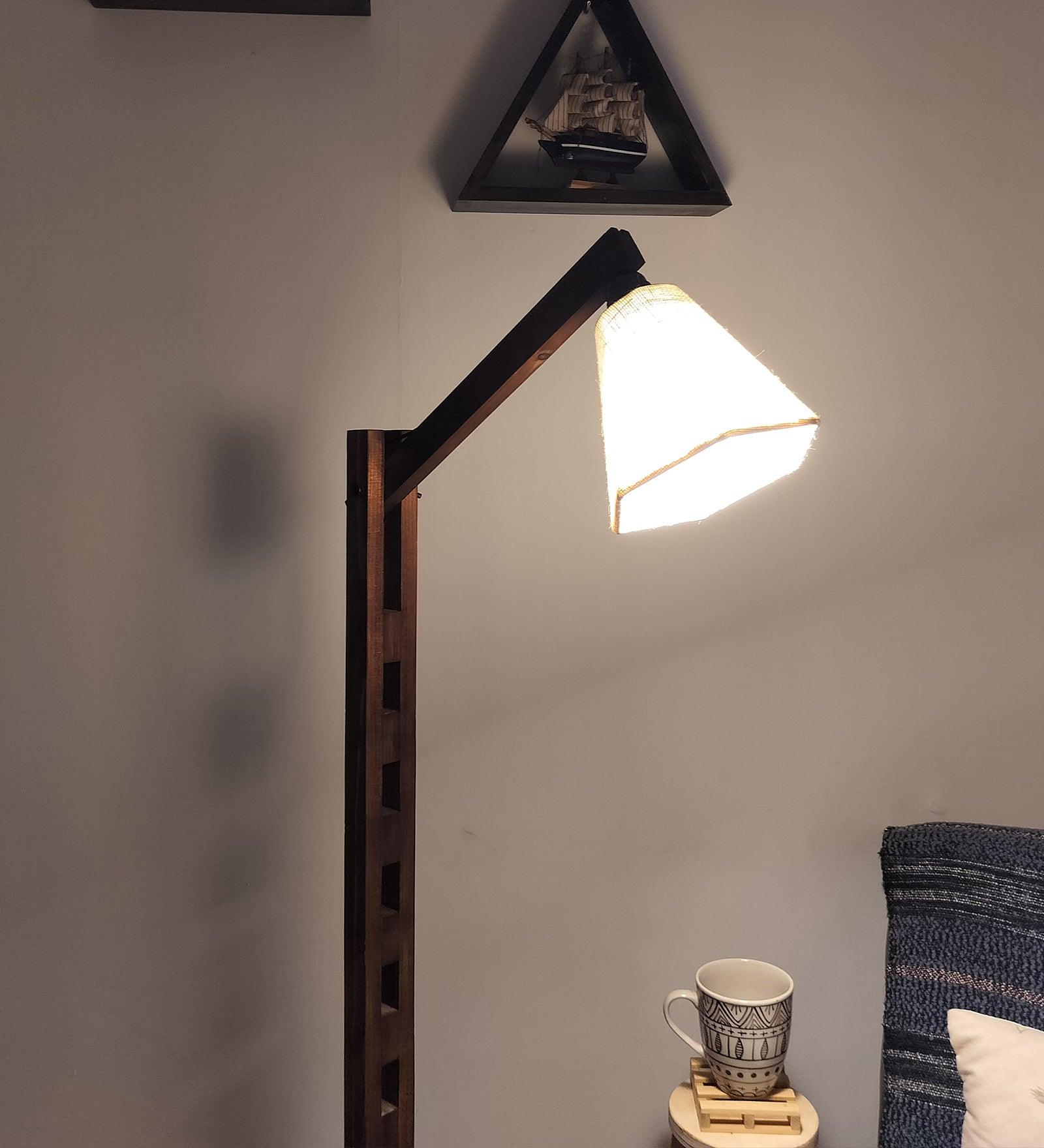 Hinge Wooden Floor Lamp with Brown Base and Beige Fabric Lampshade - WoodenTwist