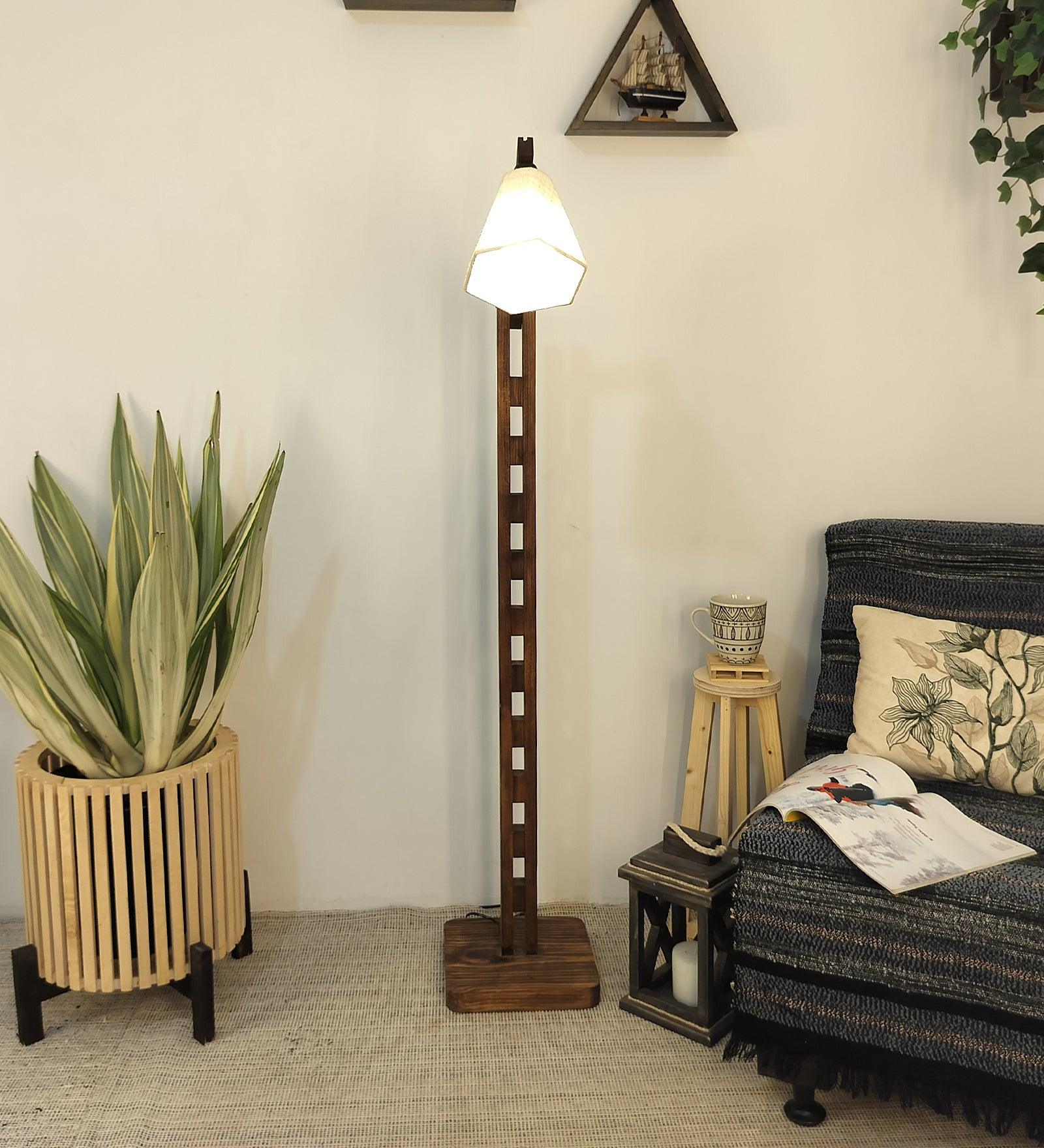 Hinge Wooden Floor Lamp with Brown Base and Beige Fabric Lampshade - WoodenTwist