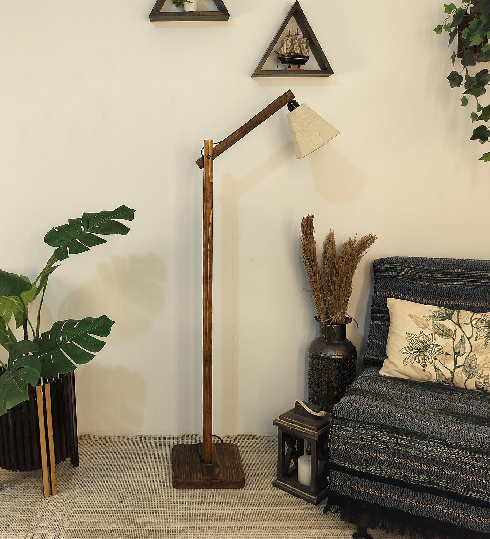 Hinge Wooden Floor Lamp with Brown Base and Beige Fabric Lampshade - WoodenTwist