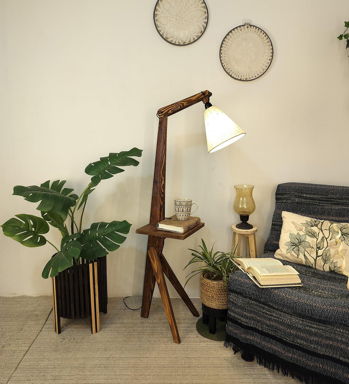 Hubert Wooden Floor Lamp with Brown Base and Jute Fabric Lampshade - WoodenTwist