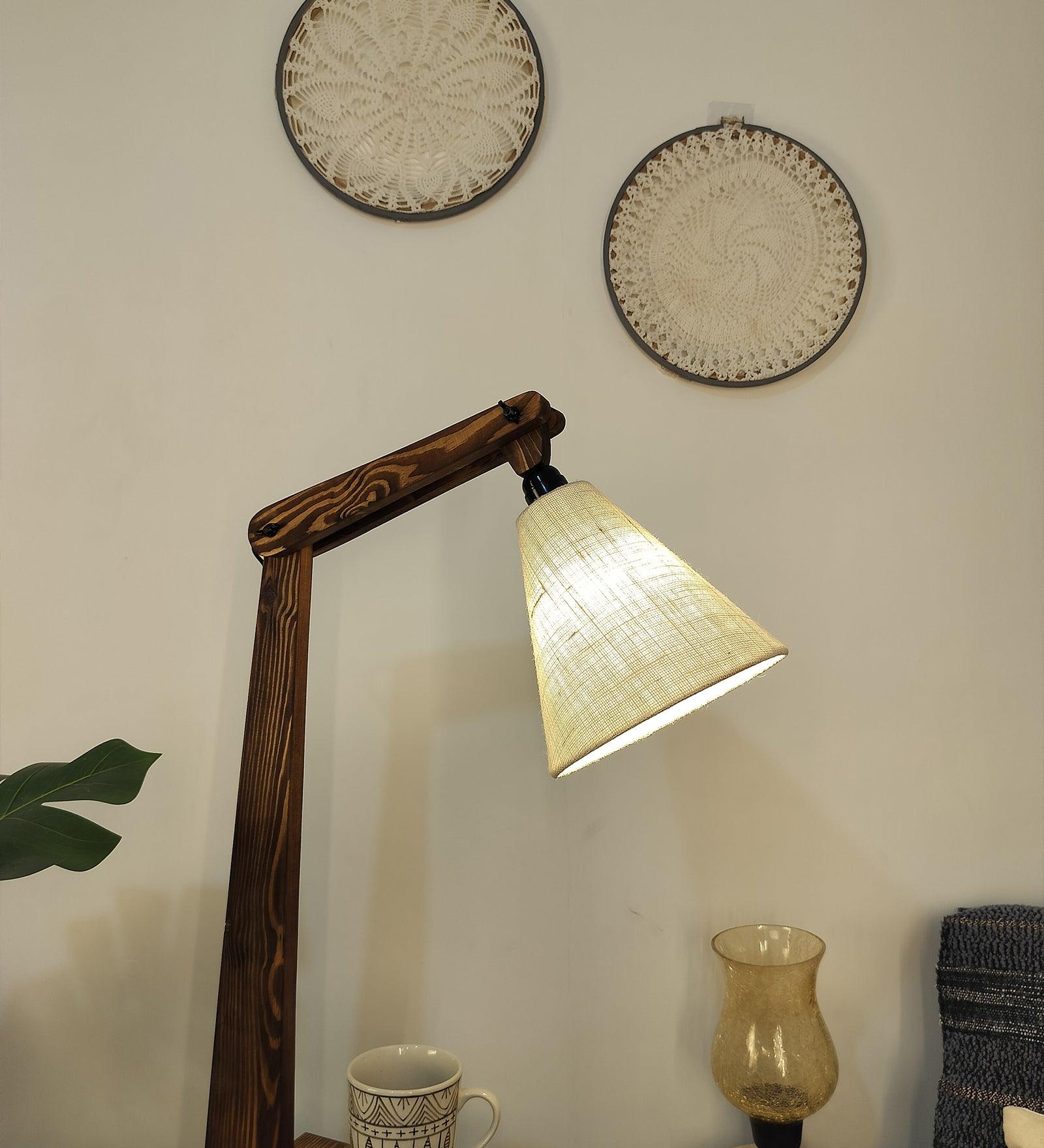 Hubert Wooden Floor Lamp with Brown Base and Jute Fabric Lampshade - WoodenTwist