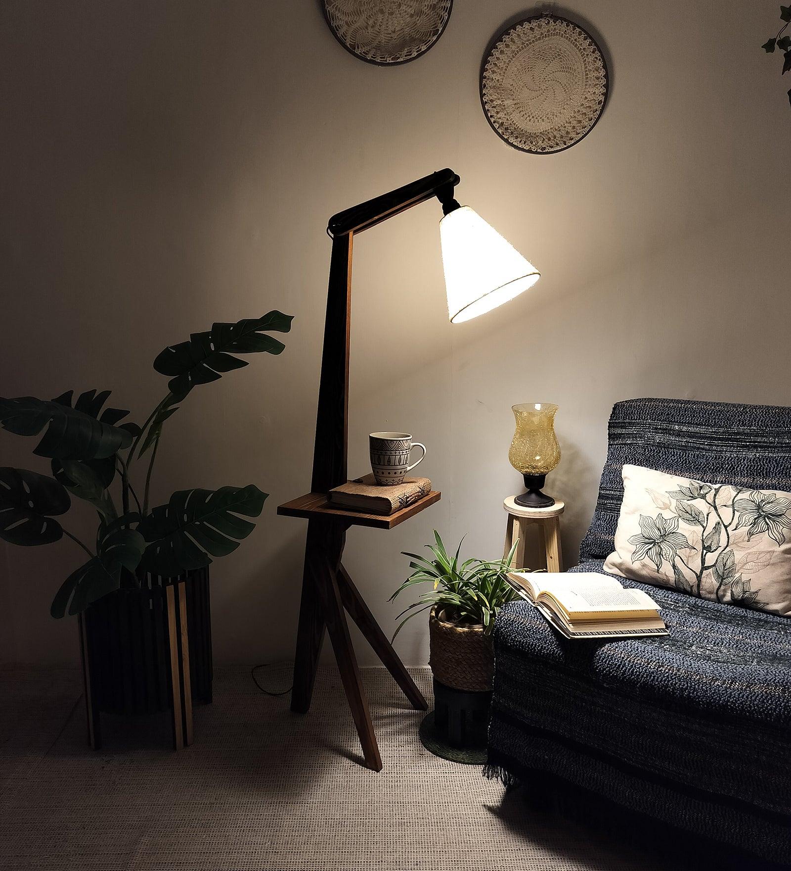 Hubert Wooden Floor Lamp with Brown Base and Jute Fabric Lampshade - WoodenTwist