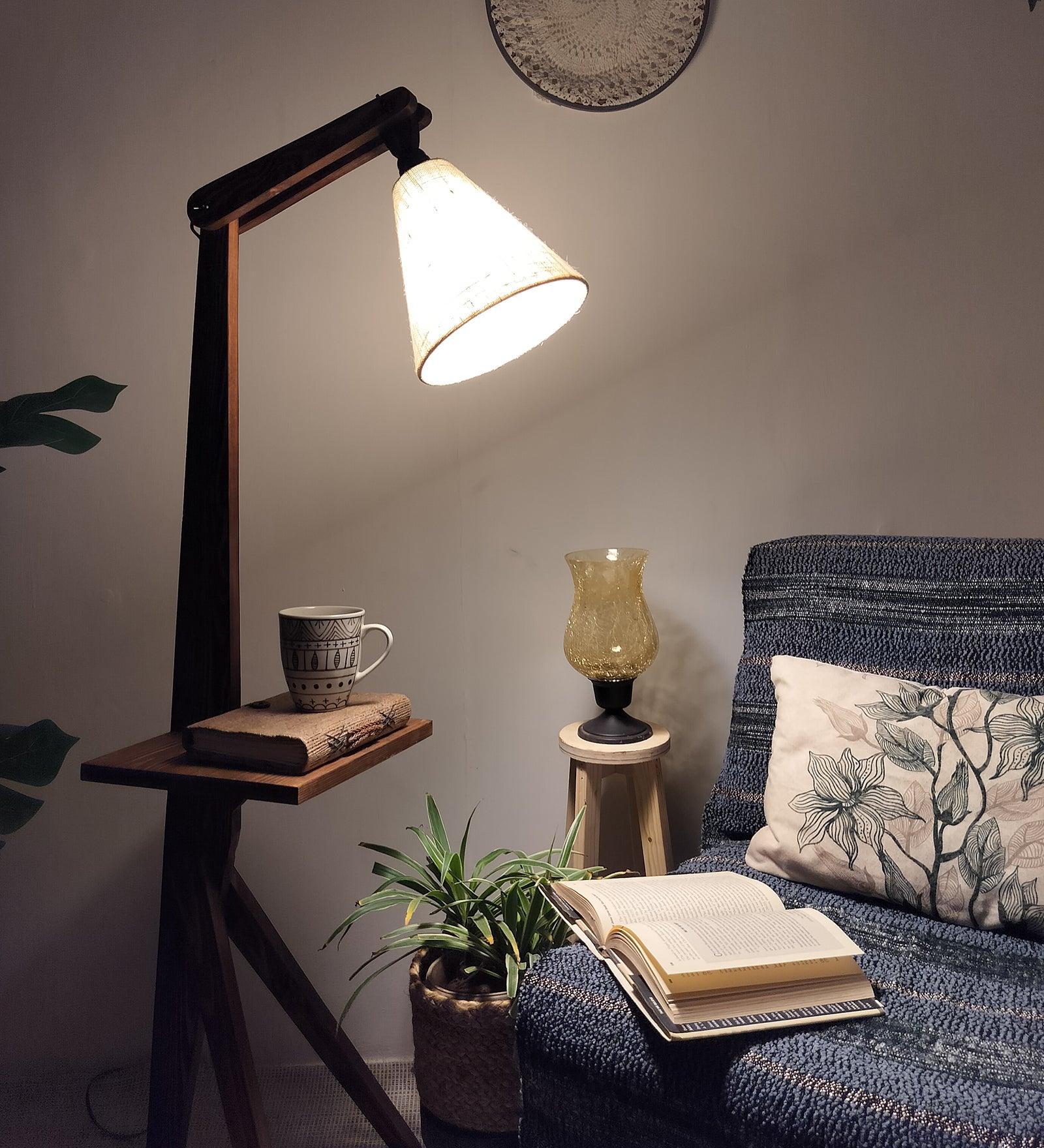 Hubert Wooden Floor Lamp with Brown Base and Jute Fabric Lampshade - WoodenTwist