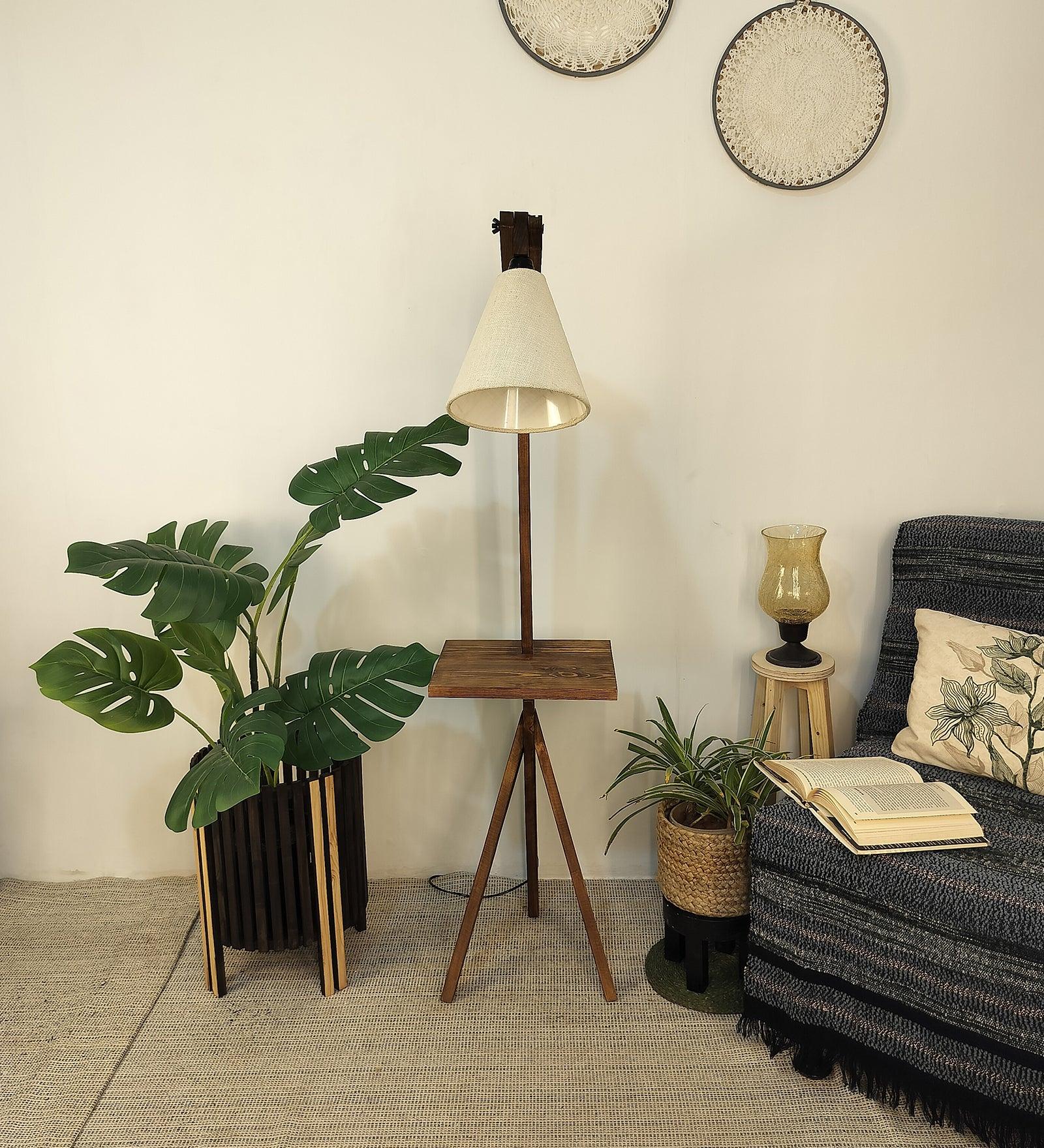 Hubert Wooden Floor Lamp with Brown Base and Jute Fabric Lampshade - WoodenTwist