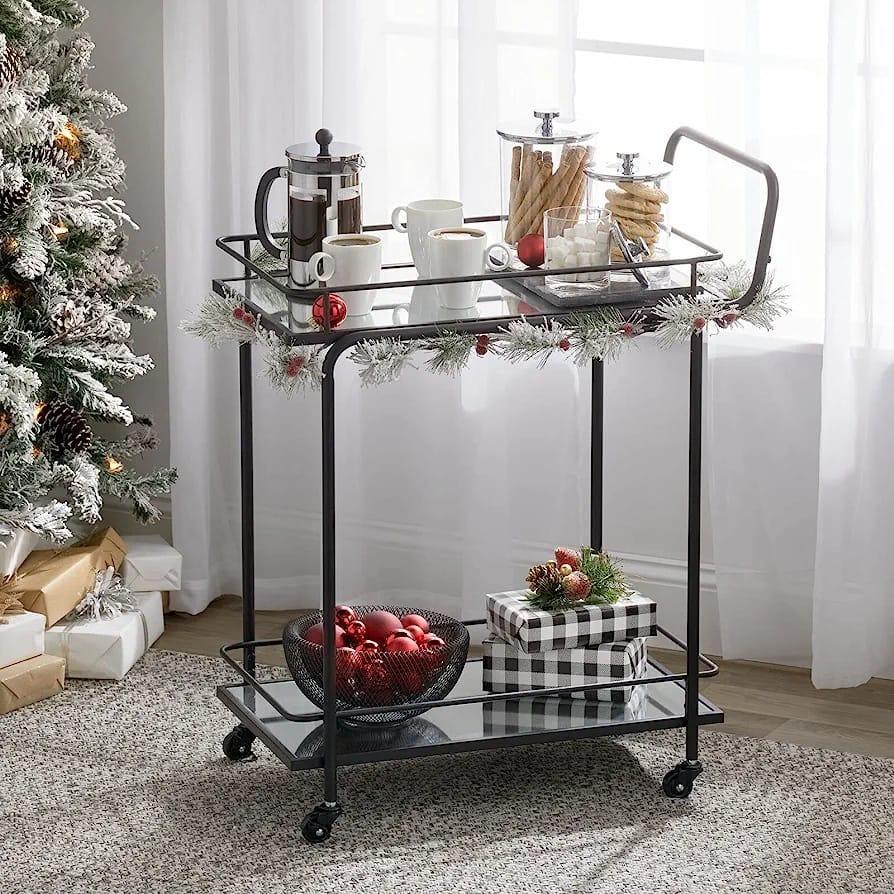 Black Iron Bar Cart with Glass Top