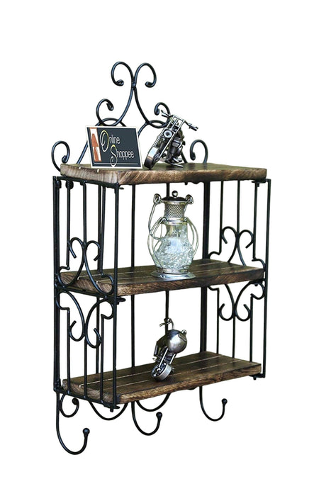 Wooden & Iron 3 Shelf Book/ Kitchen Rack With Cloth/Cup Hanger